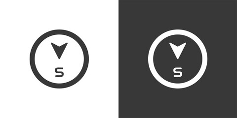 South direction compass. Isolated icon on black and white background. Weather vector illustration