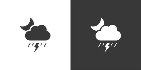 Storm and heavy rain, cloud and moon. Isolated icon on black and white background. Weather vector illustration