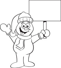 Black and white illustration of a happy snowman waving and holding sign.