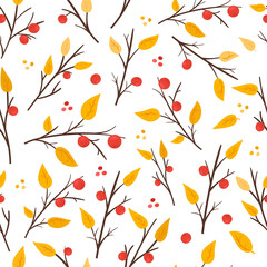 autumn seamless pattern, branches with autumn leaves and berries, yellow leaves 