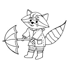 Cute black and white raccoon with umbrella. Autumn. Vector image.