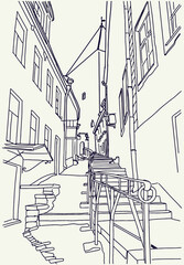 Hand drawn outline sketch of old town in Tallinn. Narrow street and ancient building in doodle style. Vector illustration