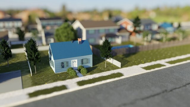 Small suburban house in a nice neighborhood. Tilt shift effect. Digital 3D render.