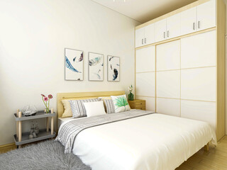 Obraz premium The cloakroom in the clean and tidy bedroom has beds, dressing tables, etc,