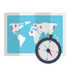 Compass and world map design, Tool navigation location north south west east travel map and adventure theme Vector illustration