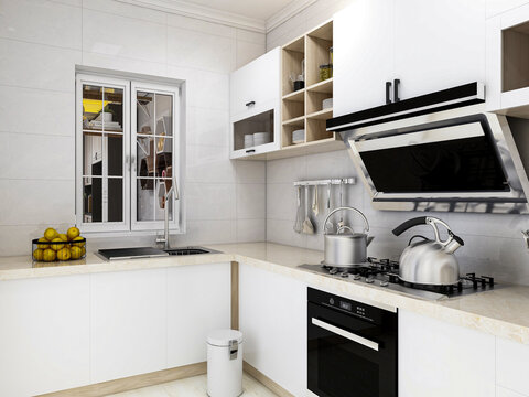 There are cabinets, countertops and other facilities in the clean kitchen