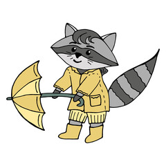 Cute raccoon with umbrella. Autumn. Vector image.