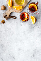 Christmas mulled wine - holiday background with fir branches and spices