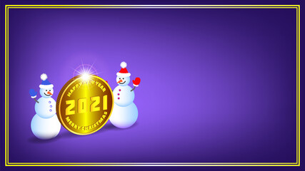 Poster Happy New Year and Merry Christmas 2021.3d festive gold coin with bright radiant glow. Two cheerful snowmen with shadows in a frame on a purple background. EPS10