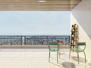 There are leisure tables and chairs on the modern balcony. The sunshine is shining and comfortable. It is a good place for leisure and entertainment