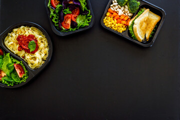 Lunch boxes with meal. Food delivery concept. Overhead view