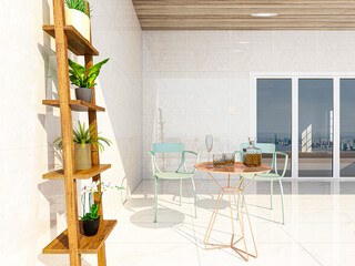 There are leisure tables and chairs on the modern balcony. The sunshine is shining and comfortable. It is a good place for leisure and entertainment