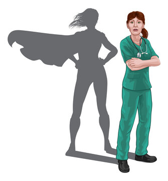 A Nurse Or Doctor Super Hero Woman In Surgical Or Hospital Scrubs. With Arms Folded And Serious But Caring Look. Revealed As A Superhero By The Shape Of Her Shadow.