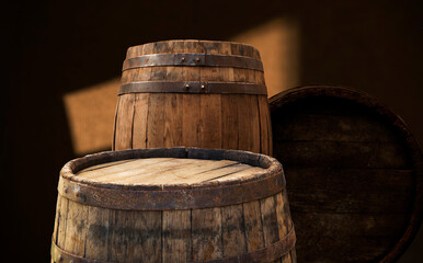Old wooden barrel on a brown background
