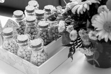 Special event in Latin American baby shower, decorations and high quality pastry in Guatemala on an interior table of a restaurant.