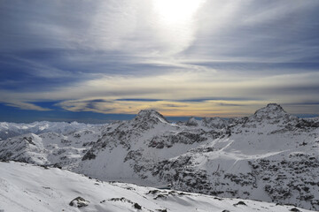 Morning in the winter mountains of the Alps with a picturesque panorama