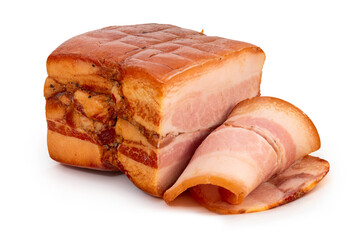 smoked piece of lard isolated on white