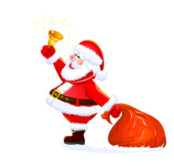 Santa with sack and bell. Santa with a bell in his hand on a white background 