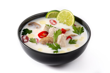 Traditional Thai food Tom Kha Gai in bowl isolated on white background