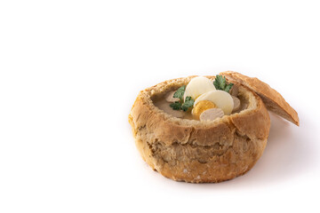 Zurek. Traditional Polish soup isolated on white background.Copy space	