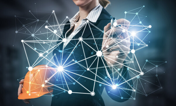 Businesswoman pointing on abstract 3d network
