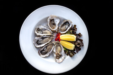 Fresh french oysters with ice and lemon
