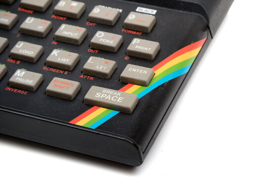 London, United Kingdom, 21st September 2020:- A retro Sinclair ZX Spectrum 48k home computer isolated on a white background