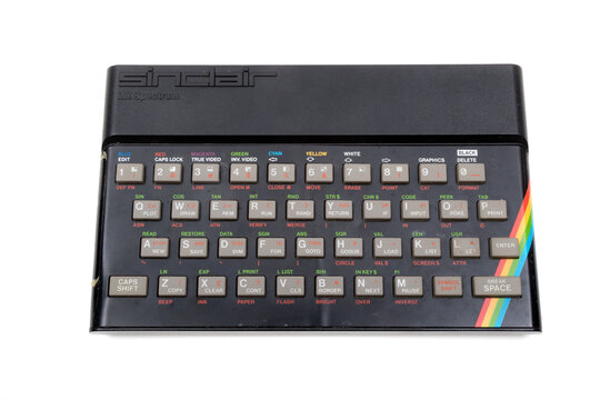 London, United Kingdom, 21st September 2020:- A retro Sinclair ZX Spectrum 48k home computer isolated on a white background