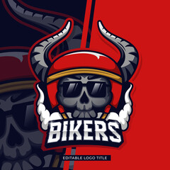 Skull rider motorcycle helmet mascot logo. Emblem or identity for community. Editable tittle vector illustration