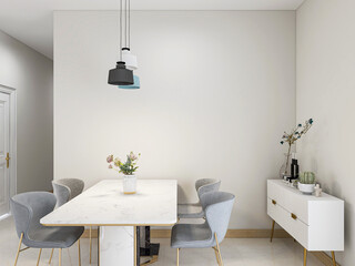 In a clean and tidy dining room, there is a table and a side table behind it
