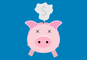 Hucha de cerdo vacía en fondo azul.