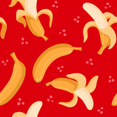 Seamless bananas pattern on a red background. Vector yellow fruit pattern template. Funny background for a card, gift wrap, print.