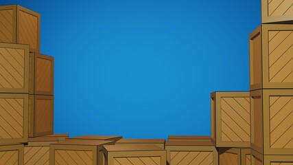 Frame Of Boxes With Blue Background. Wooden Box. Slide Presentation. Warehouse. Box Stack. Original Assets 3D Render.