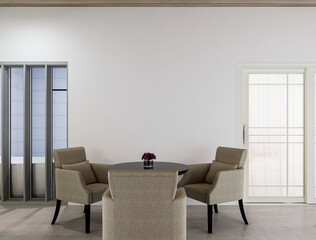 There are leisure tables and chairs on the modern balcony. The sunshine is shining and comfortable. It is a good place for leisure and entertainment