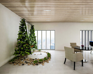 There are leisure tables and chairs on the modern balcony. The sunshine is shining and comfortable. It is a good place for leisure and entertainment