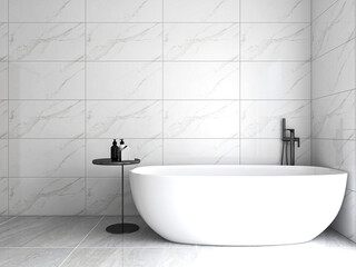 The modern and tidy bathroom has a bathtub and a washstand. Very neat