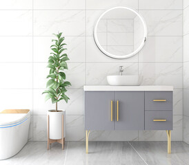 The modern and tidy bathroom has a bathtub and a washstand. Very neat