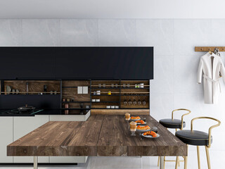 Open kitchen, there are stove, kitchenware, bar and other facilities