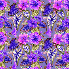 Tropical flowers and leaves seamless pattern in purple tones, watercolor print for fabric, wrapping paper, home furnishings decor.