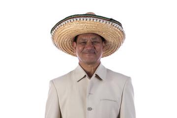 portrait of a mexican old man in a sombrero on a white background