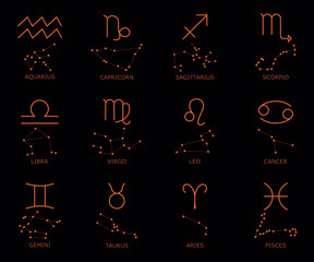Zodiac sign set with constellation isolated on dark night sky background. Star signs for astrology horoscope. Zodiac line stylized symbols. Astrological calender collection. Vector flat illustration.