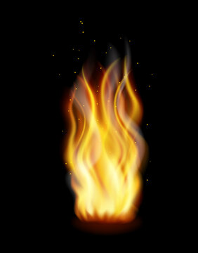 Flame with sparks on black background, fire is burning, bonfire, fire for design, realistic vector.