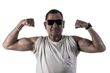 muscular strong old man on white background