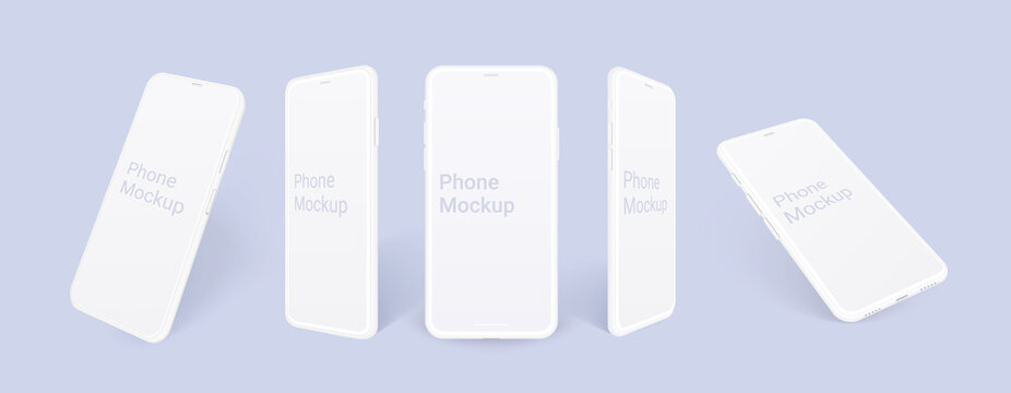Realistic phone mockup, clay mobile set concept with shadow. White smartphones in different angles view isolated, with blank screen, 3d vector illustration mocku up for app design presentation.