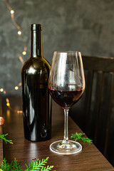red wine in a glass festive table setting christmas holidays party new year meal on the table tasty serving size portion top view copy space for text food background rustic