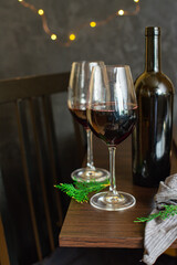 red wine in a glass festive table setting christmas holidays party new year meal on the table tasty serving size portion top view copy space for text food background rustic