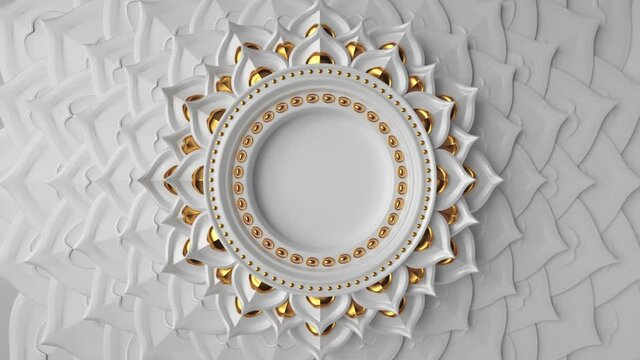 3d abstract white gold decorative asian background, animated blank round frame with copy space, spinning rows of lotus petals, loop animation of mandala design