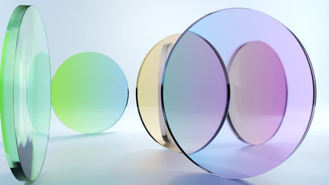 loop 3d animation, colorful translucent glass blocks spin and rotate on white background, round lenses