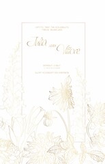 Luxury Natural Wedding invite Card for summer and spring seasons. Design With gold line garden flowers and herbs.