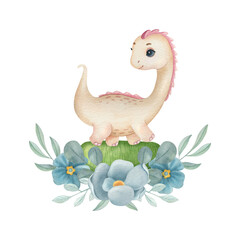 Cute little dinosaur with flower composition on the light background. Watercolor isolated cartoon kids illustration. Ideal for invitation, poster, home decor, packaging design, print.